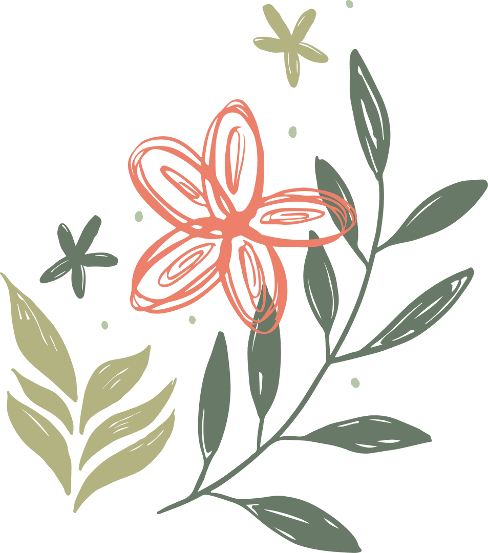 Vibrant Coral Flower with Olive Green Leaves on Transparent Background