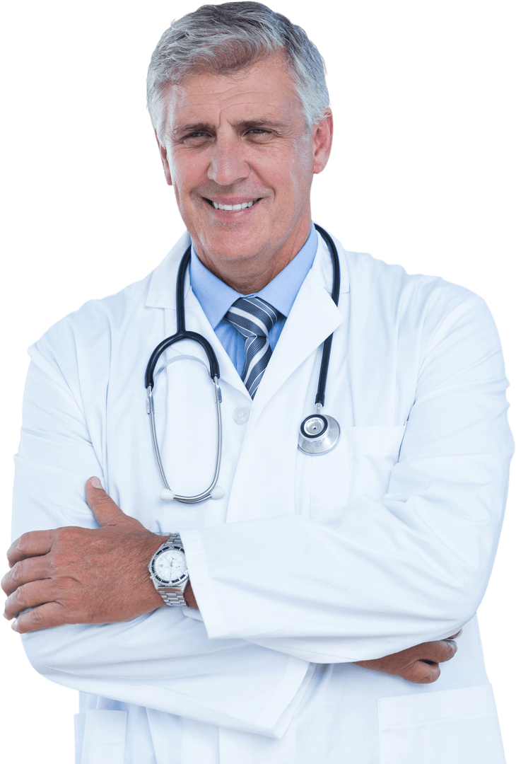 Confident Mature Doctor in White Lab Coat with Arms Crossed Transparent Background