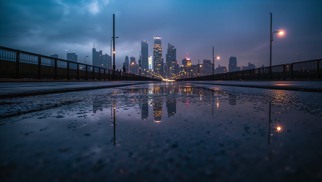 Urban Dusk Skyline Reflection on Wet Bridge Roadway