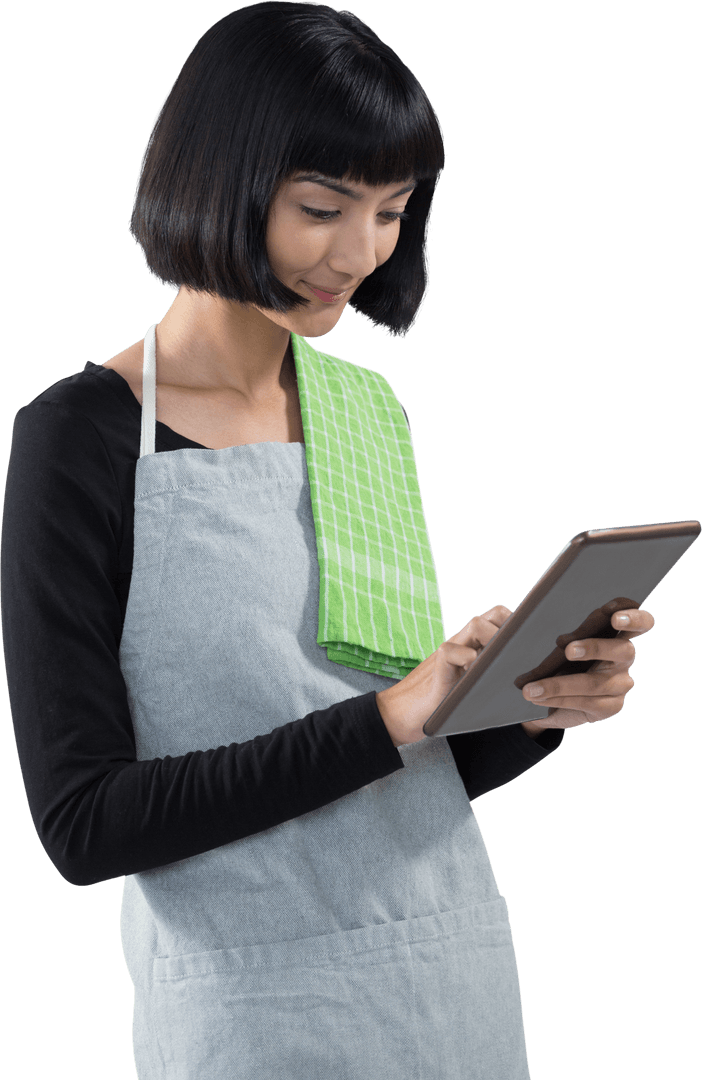 Smiling Woman in Apron Using Tablet on Transparent Background