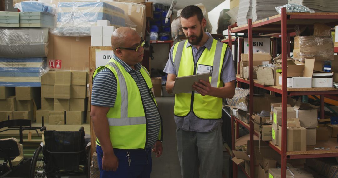 Warehouse Workers Discussing Inventory in High Visibility Vests - Free Images, Stock Photos and Pictures on Pikwizard.com