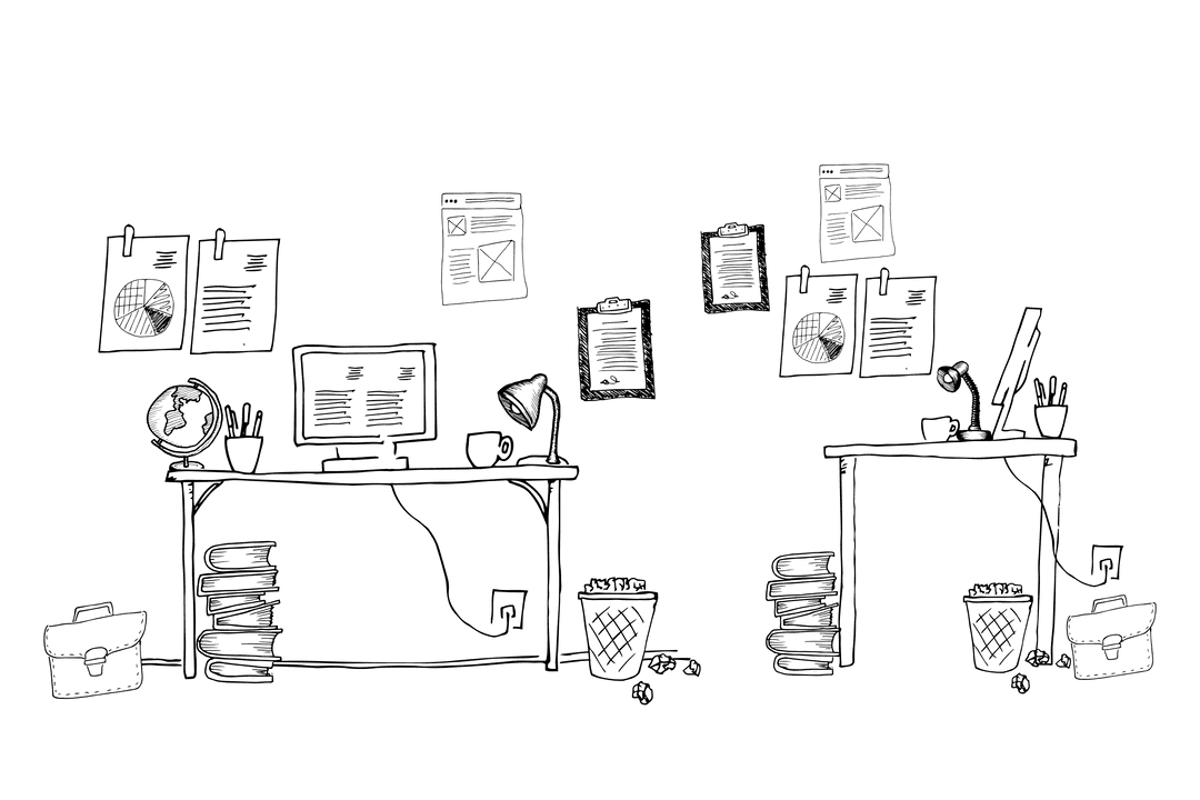 Transparent Office Interior with Documents and Computers