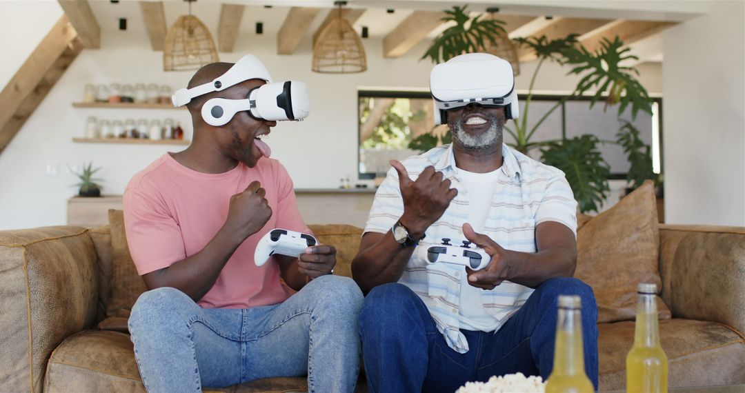 Father and Son Enjoying Virtual Gaming at Home