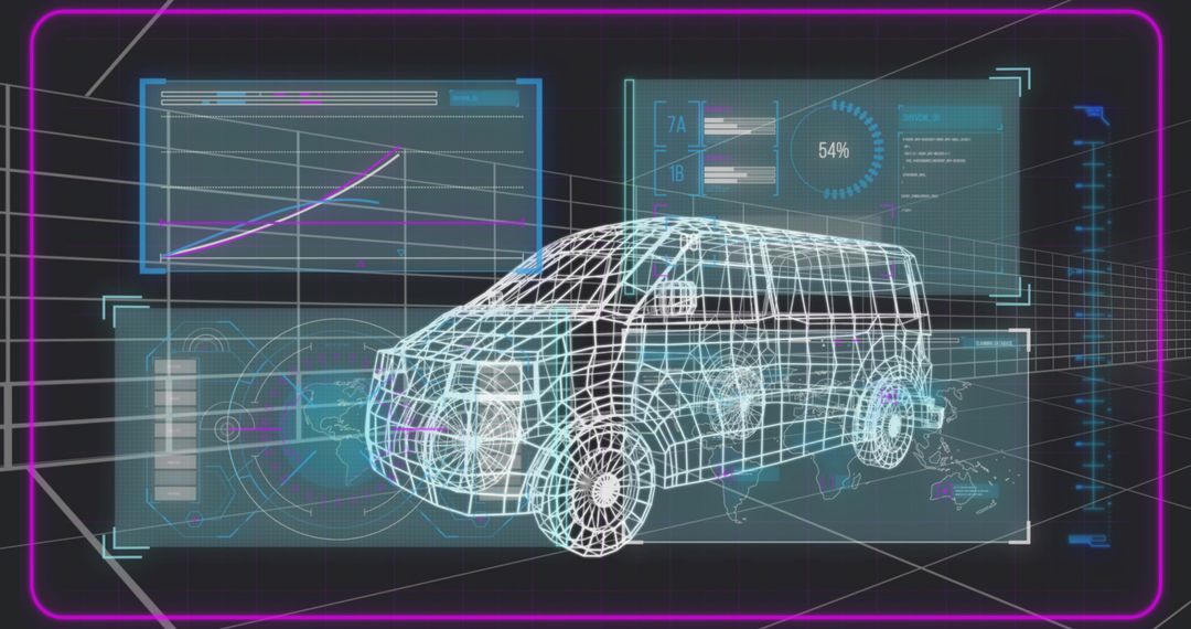 Futuristic Wireframe Van Model in Holographic Display