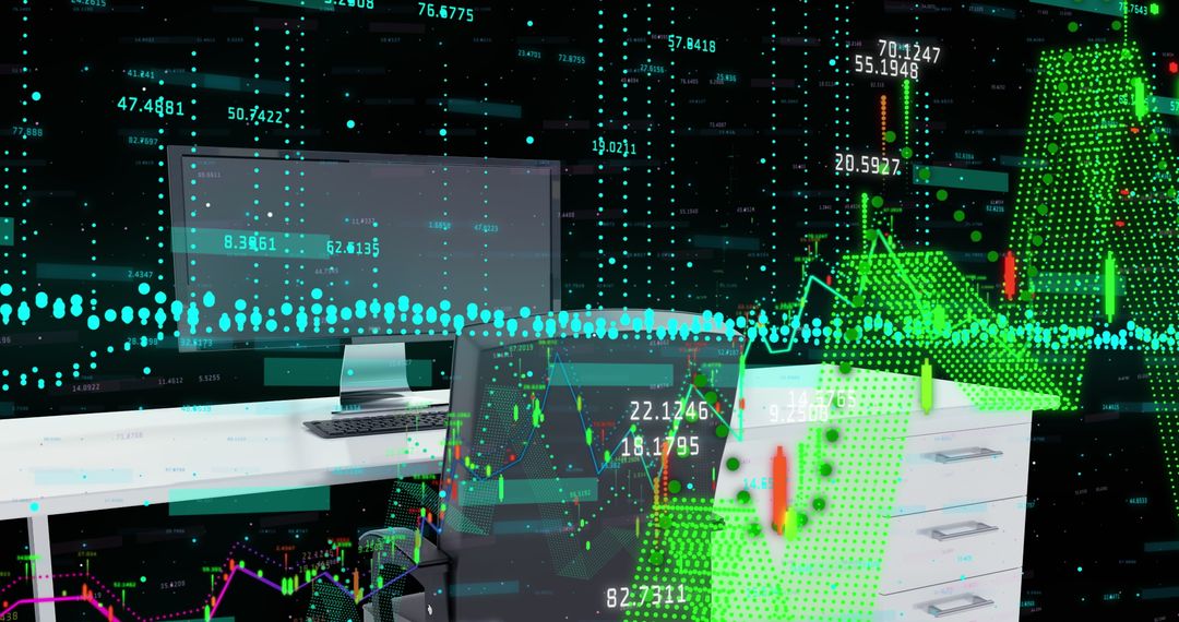 Stock Market Data on Office Screens with Graphs and Numbers