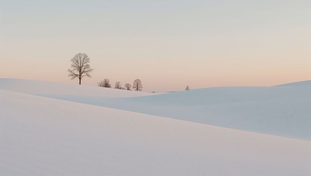 Solitary leafless tree on rolling snow ridges with pastel sunrise sky and distant trees