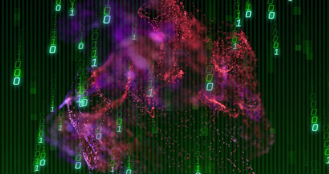 Binary Code Overlay on Swirling Abstract Particle Cloud