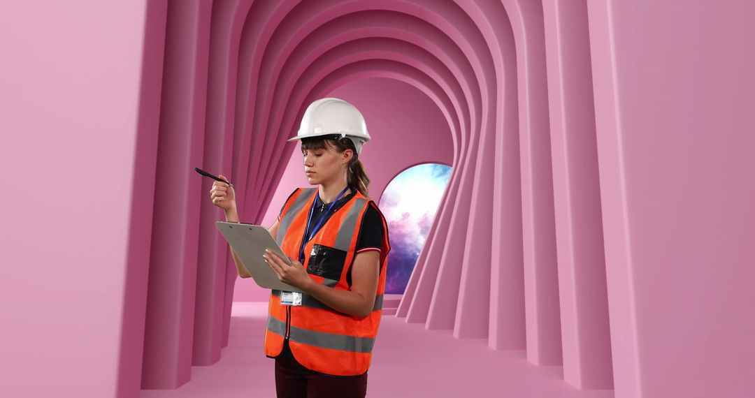 Female Engineer with Clipboard in Surreal Pink Tunnel