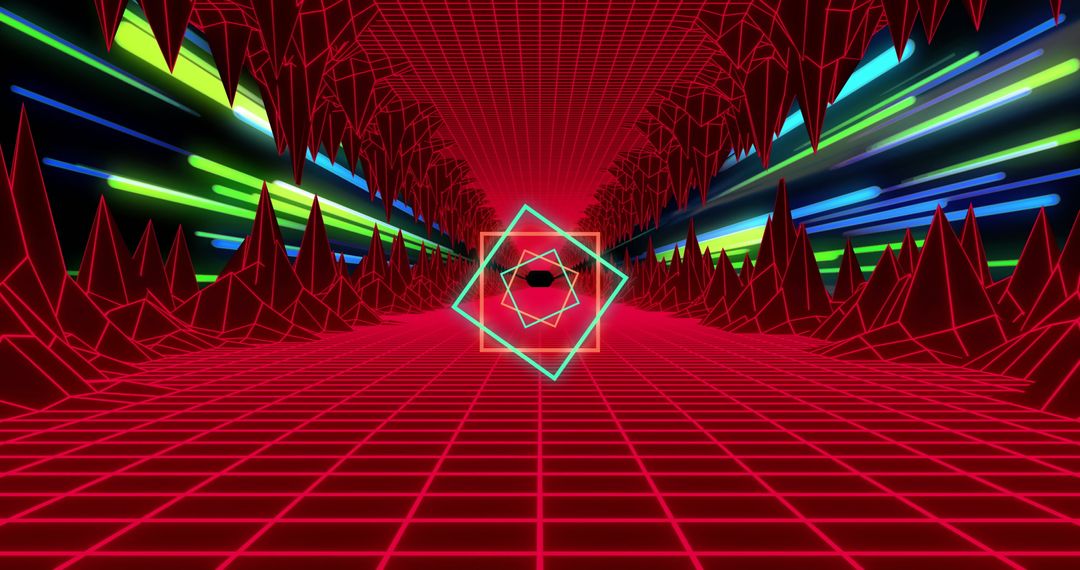 Futuristic Grid and Neon Tunnel with Digital Geometric Patterns
