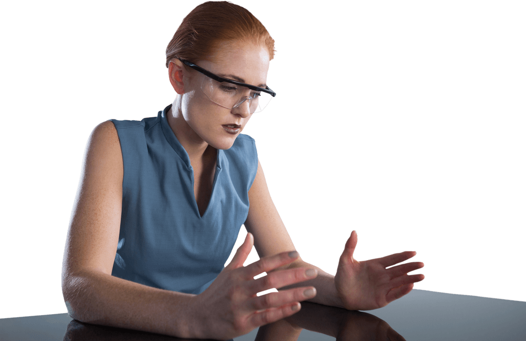 Transparent Businesswoman Wearing Smart Glasses Gesturing