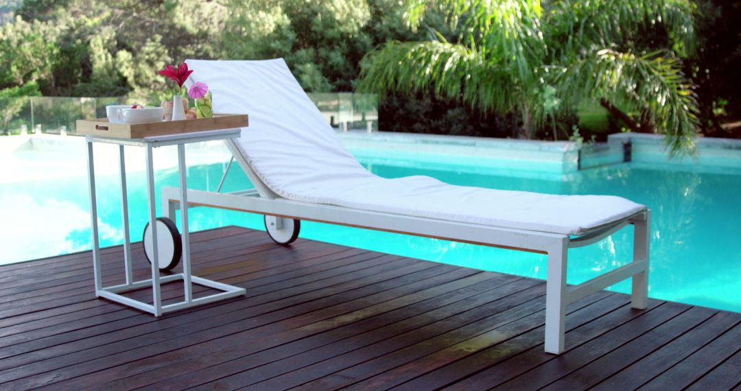 Refreshing Poolside Breakfast Scene with Modern Lounger
