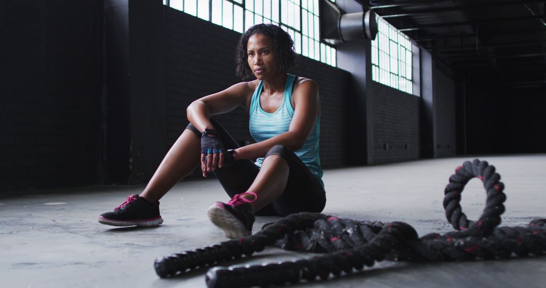 Determined African American Woman Resting After Intense Workout with Ropes - Free Images, Stock Photos and Pictures on Pikwizard.com