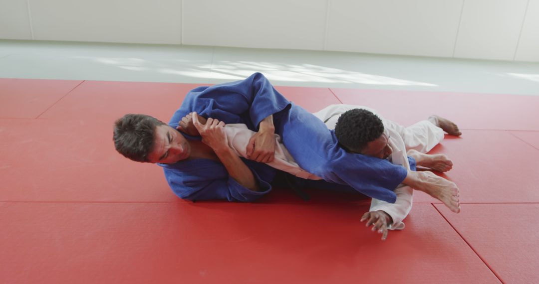 Intense Martial Arts Training with Submission Hold on Tatami