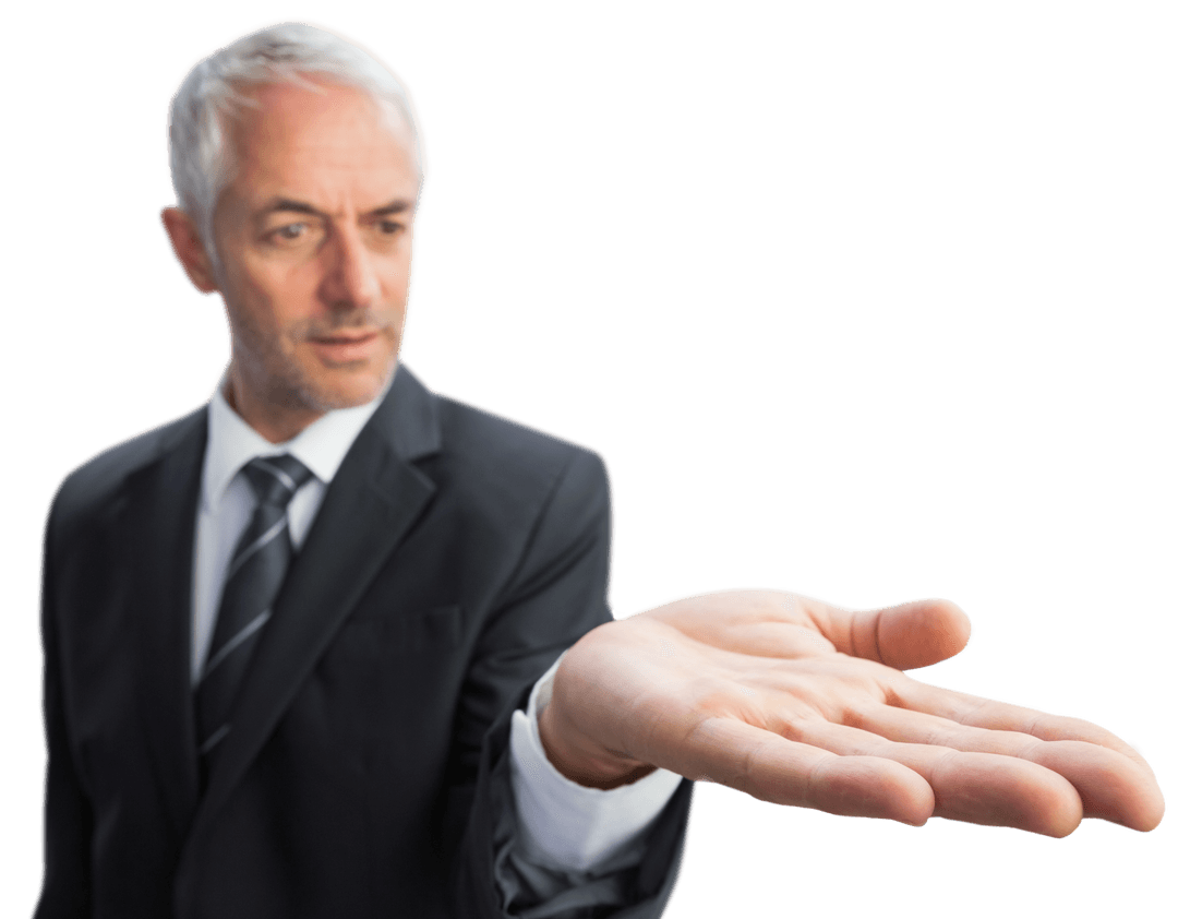 Transparent Businessman Extending Hand Forward in Presentation