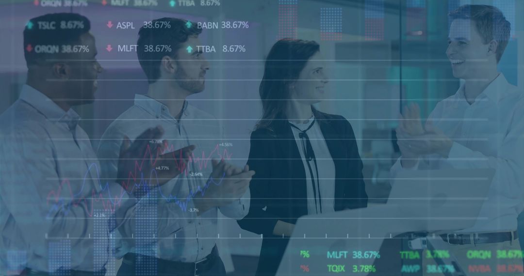 Business team applauding around laptop with stock ticker overlay in modern office