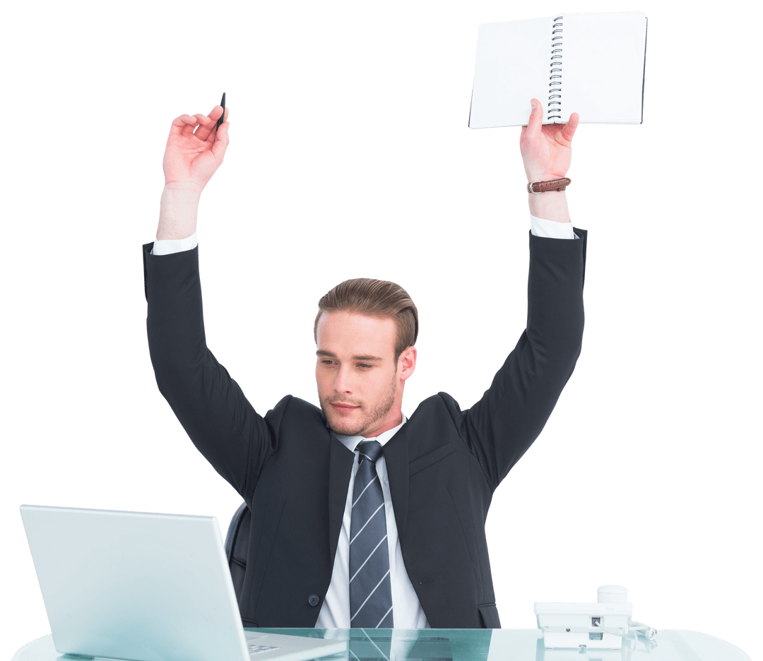 Transparent Joyful Businessman Raising Arms with Notebook