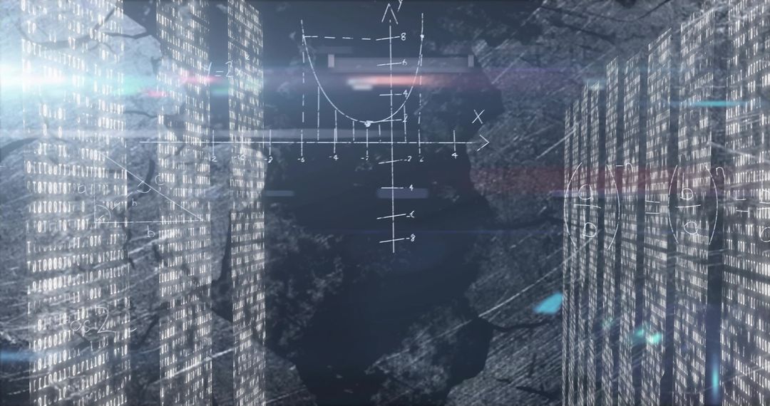 Mysterious Hooded Figure Surveilling Data Server Racks with Cyber Overlays