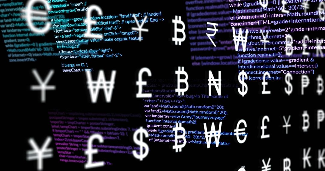 Currency Symbols Overlaying Digital Code Background Reflecting Global Economy