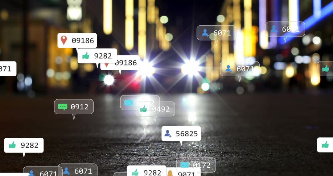 Data Icons Over Blurred Night Cityscape Conveying Digital Connection