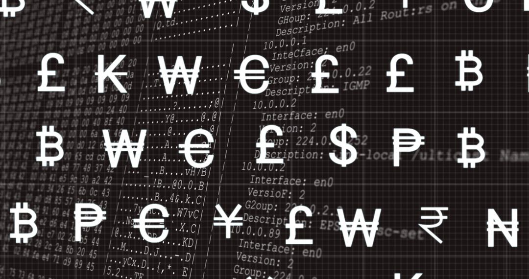 Global Financial Data Overlay on Digital Currency Symbols and Black Code Background - Free Images, Stock Photos and Pictures on Pikwizard.com