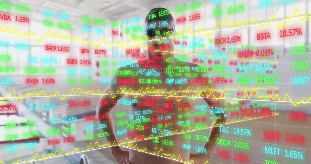 Man analyzing stock market data projected on transparent display in garage showroom