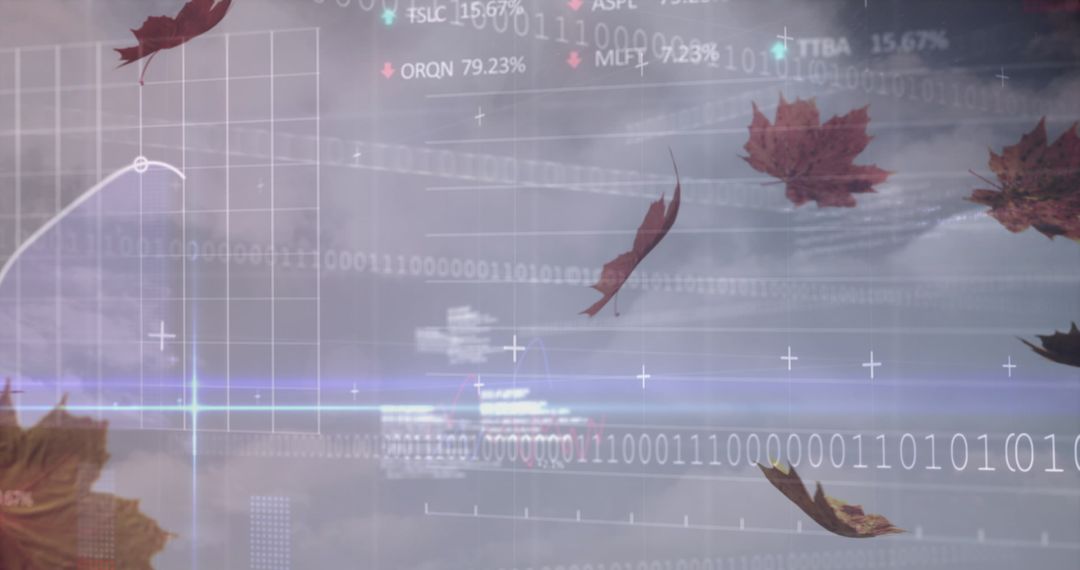 Digital Financial Data Amidst Floating Autumn Leaves