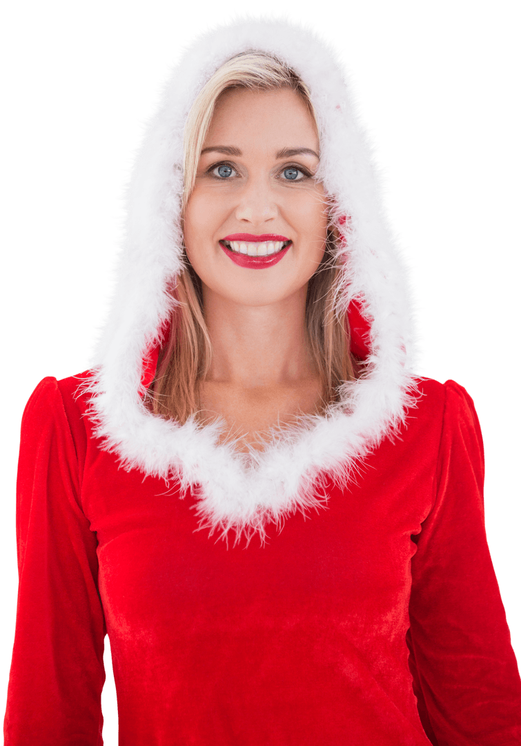 Smiling Blonde Woman in Festive Red Hood with Fur Trim