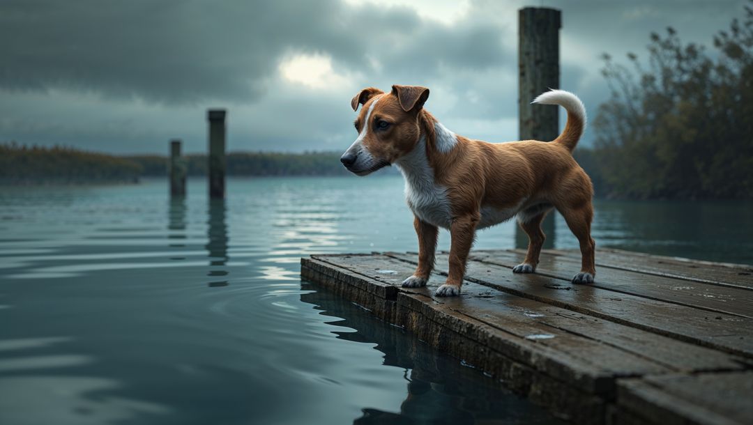 Terrier Standing on Rustic Dock Overlooking Serene Lake