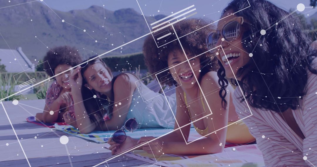 Friends Enjoying Poolside Chat with Network Graphic Overlay
