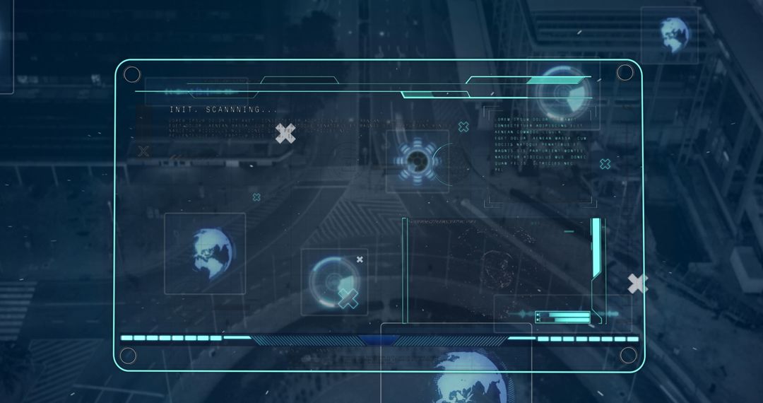 Futuristic Digital Interface Overlaying Cityscape at Night