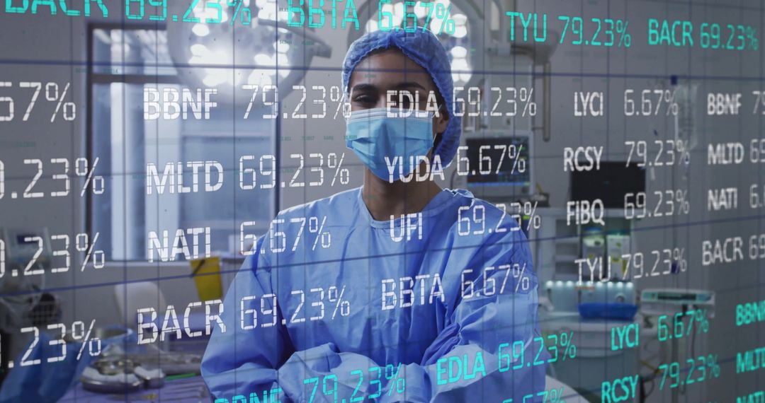 Surgeon in Scrubs with Transparent Data Overlay in Operating Room