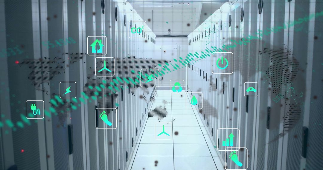 Eco Icons Overlay on Data Center Servers for Sustainable Tech Theme