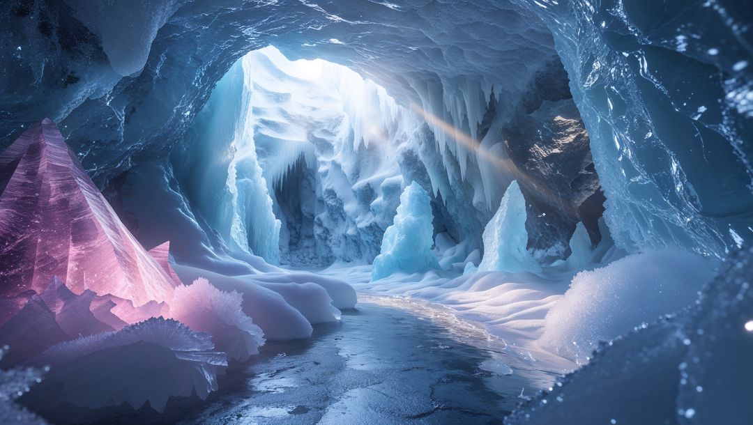 Luminous Crystal Cavern with Pristine Icicles and Glacial Pathway