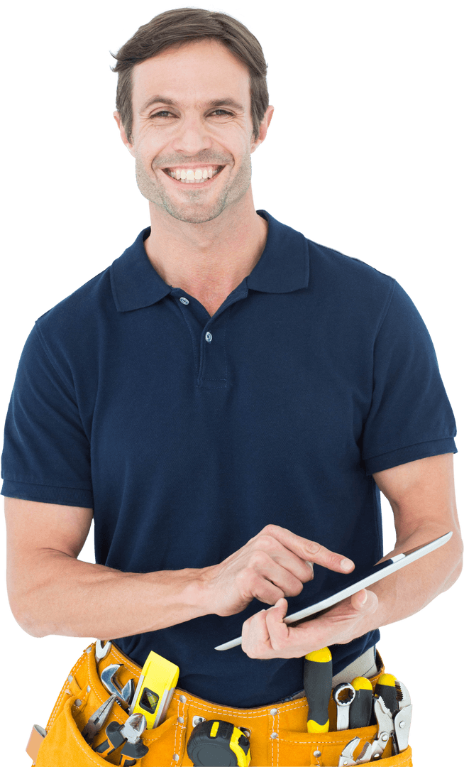 Smiling Handyman Using Digital Tablet Standing against Transparent Background