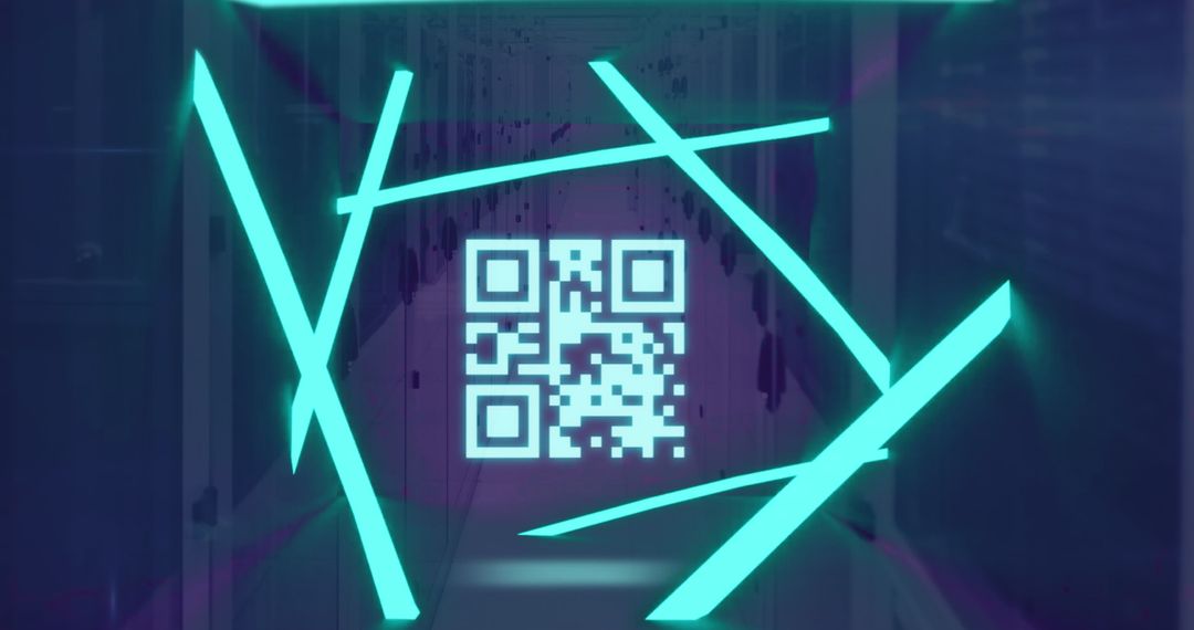 QR Code Surrounded by Neon Lights in Data Center