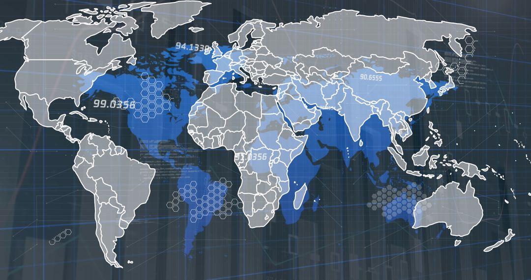 World Map Connectivity with Digital Grid Overlay