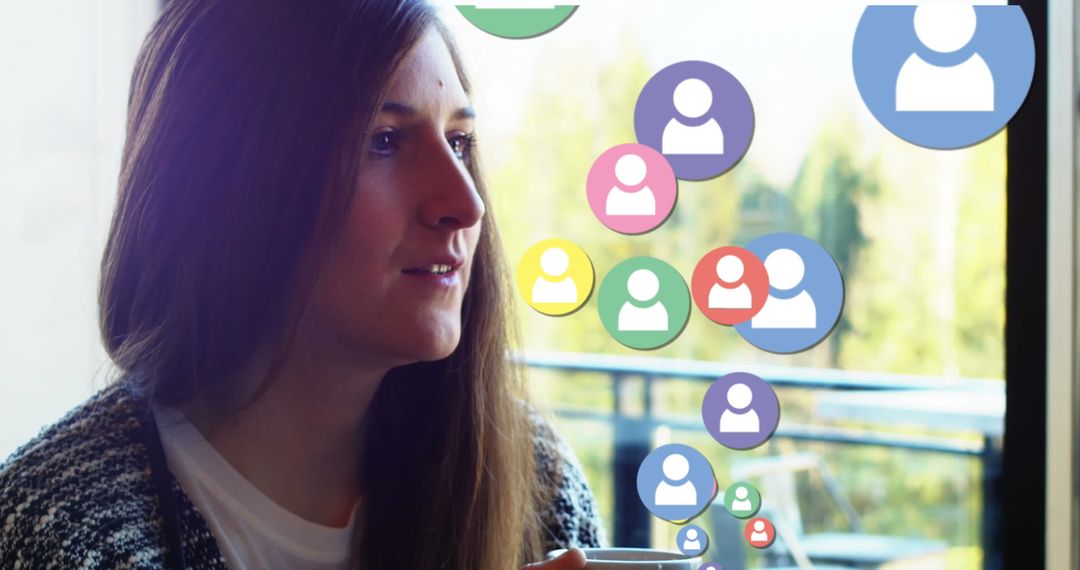 Woman Engaging with Social Media Profile Icons and Knitting Patterns