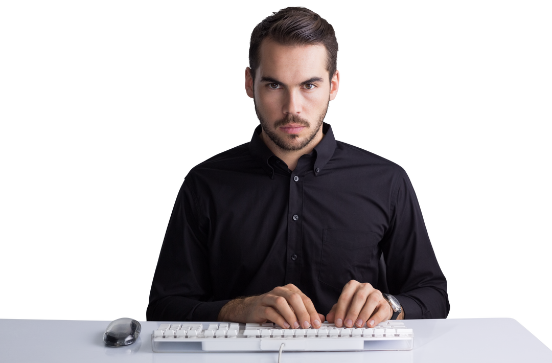 Serious Businessman Typing on Keyboard Wearing Black Shirt - Transparent Background - Download Free Stock Images Pikwizard.com