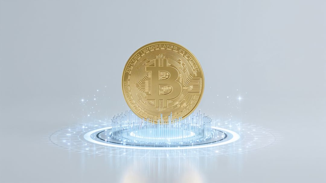 Golden Bitcoin Floating in Futuristic Digital Interface