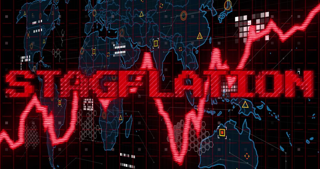 Stagflation Headlines with Digital World Map and Graph