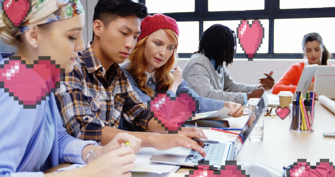 Team Collaboration with Digital Heart Overlay in Modern Office