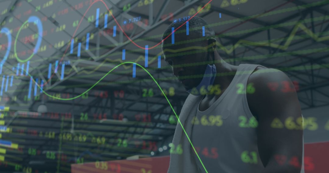 Man Hydrating During Workout with Statistics Overlay Indicates Pandemic Impact