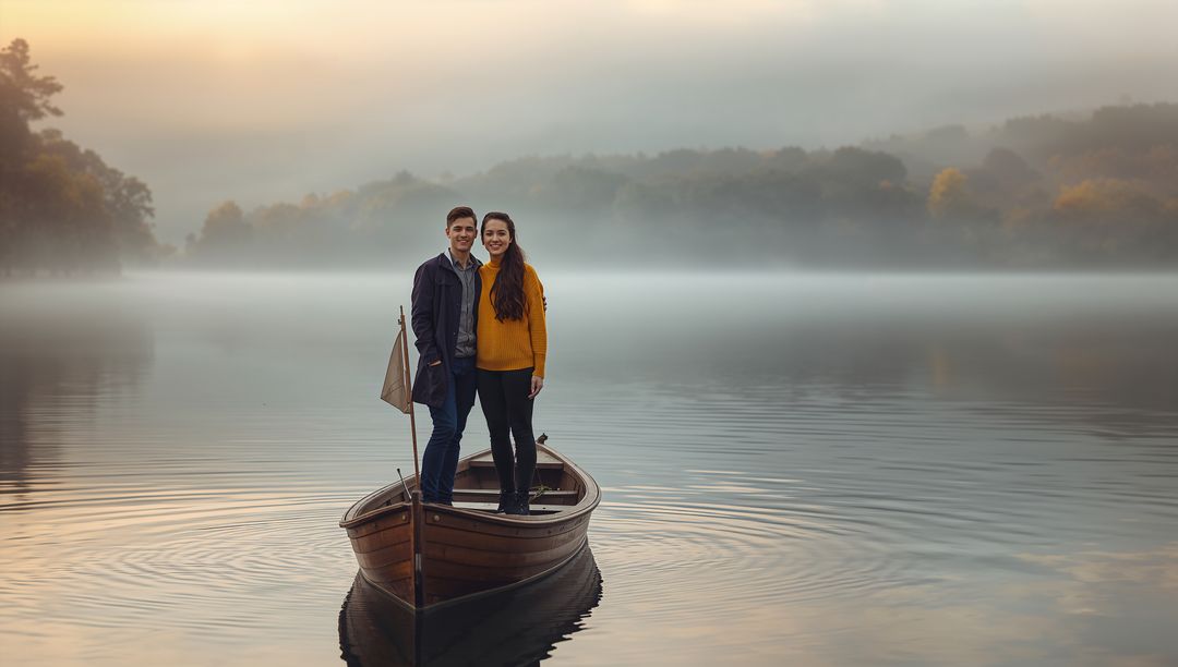 Couple standing on bow of wooden boat on misty lake at dawn with autumn forest reflection