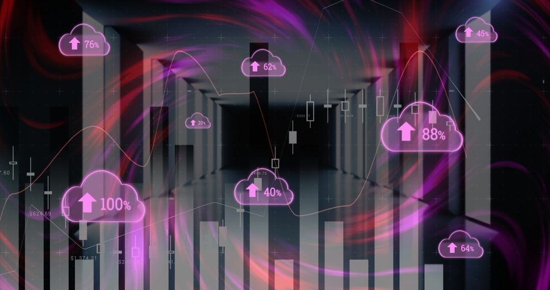 Pink Digital Clouds with Percentages Overlaying Computer Servers