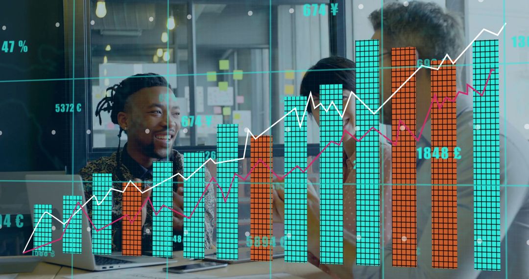 Diverse Team Working on Financial Data with Graph Overlay
