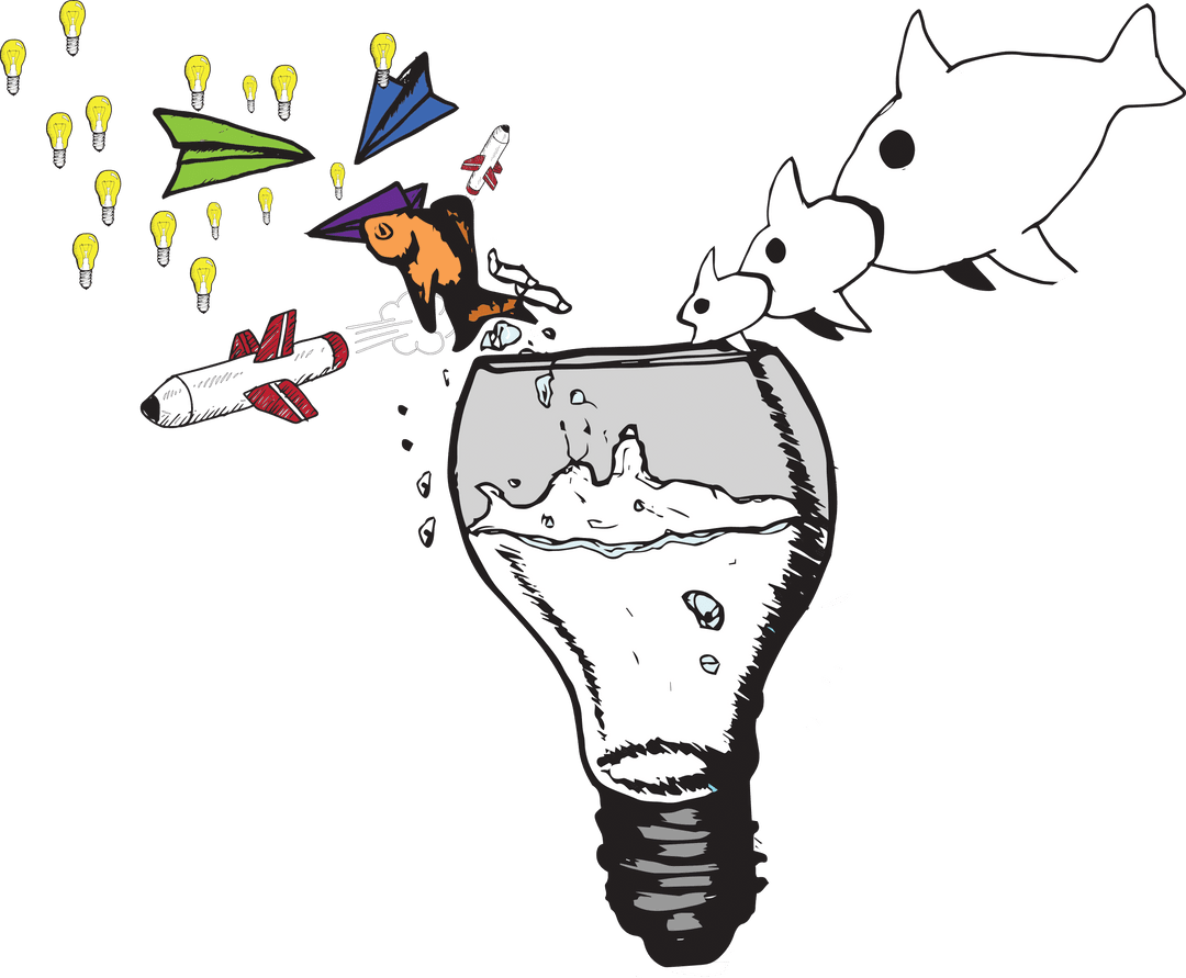 Creative Lightbulb with Falling Fish on Transparent Background