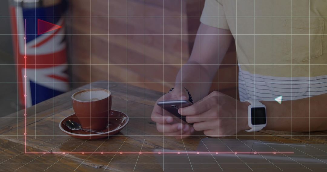 Man typing on smartphone at cafe table with smartwatch and cappuccino, analytics overlay