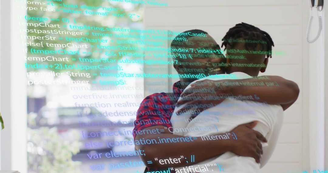 Father and Son Embracing by Glass Door with Code Overlay Conveying Digital Bond