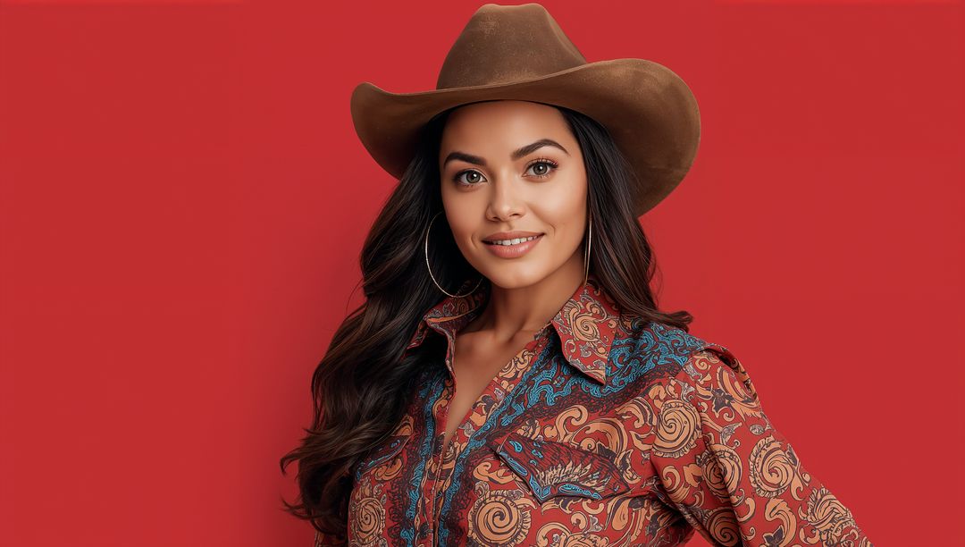 Stylish model posing with cowboy hat against red background