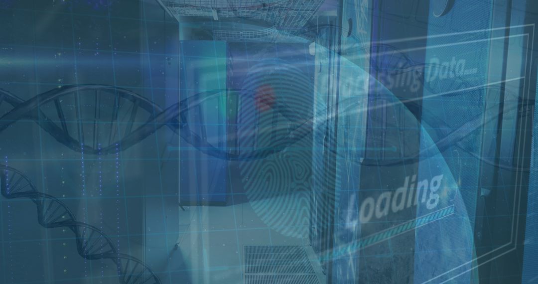 Digital Technology Background with DNA, Globe, and Fingerprint Overlay